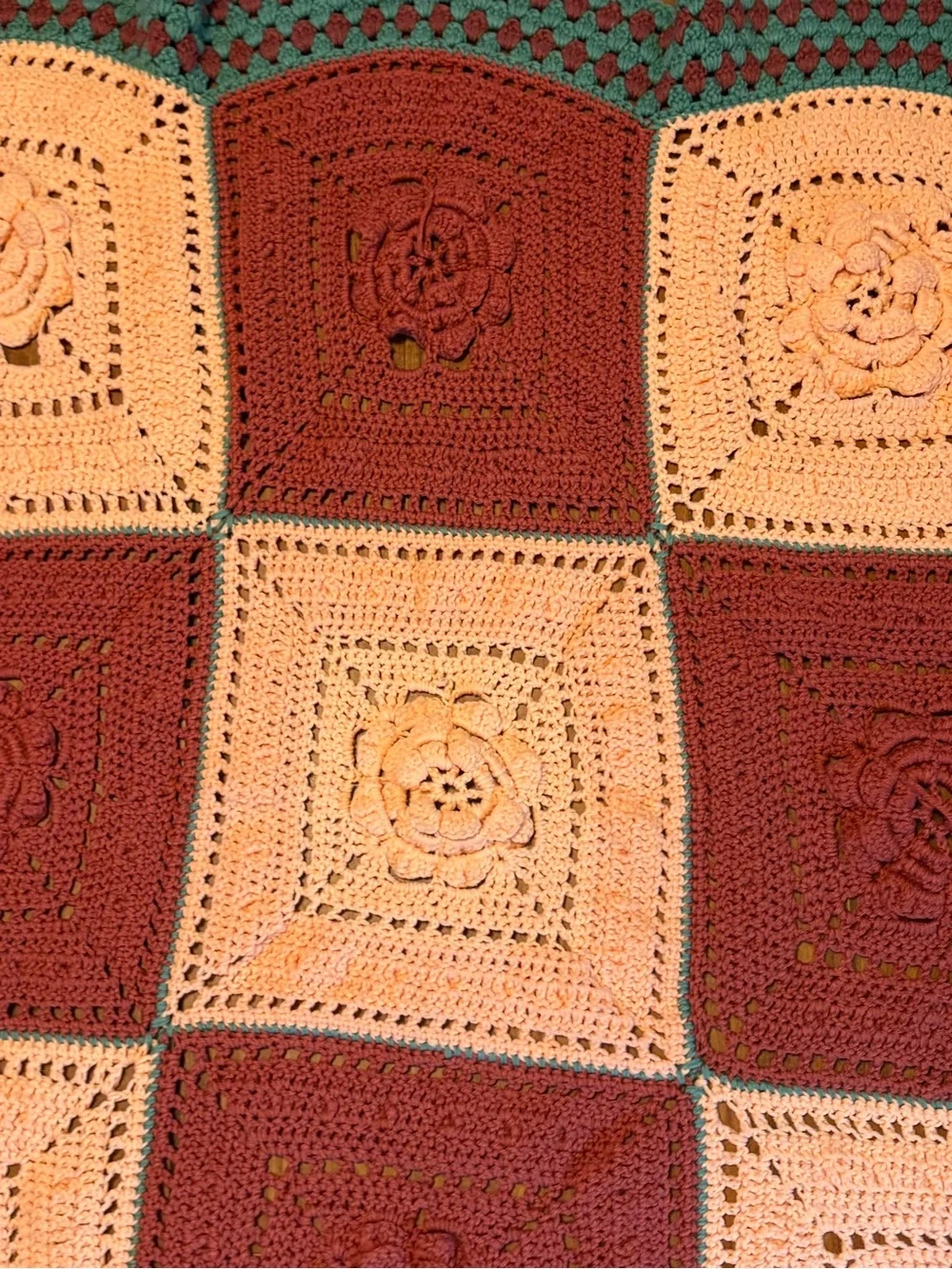 Vtg Granny Afghan Blanket 3D Flower Power Handmade Crochet 49X47” Cottagecore